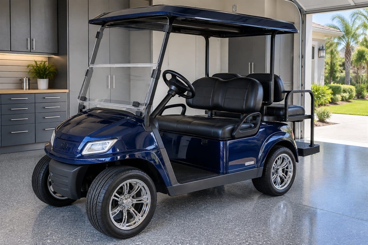 A navy four-seat cart with a rear-facing back seat, parked in a garage. Watermark: List your cart!