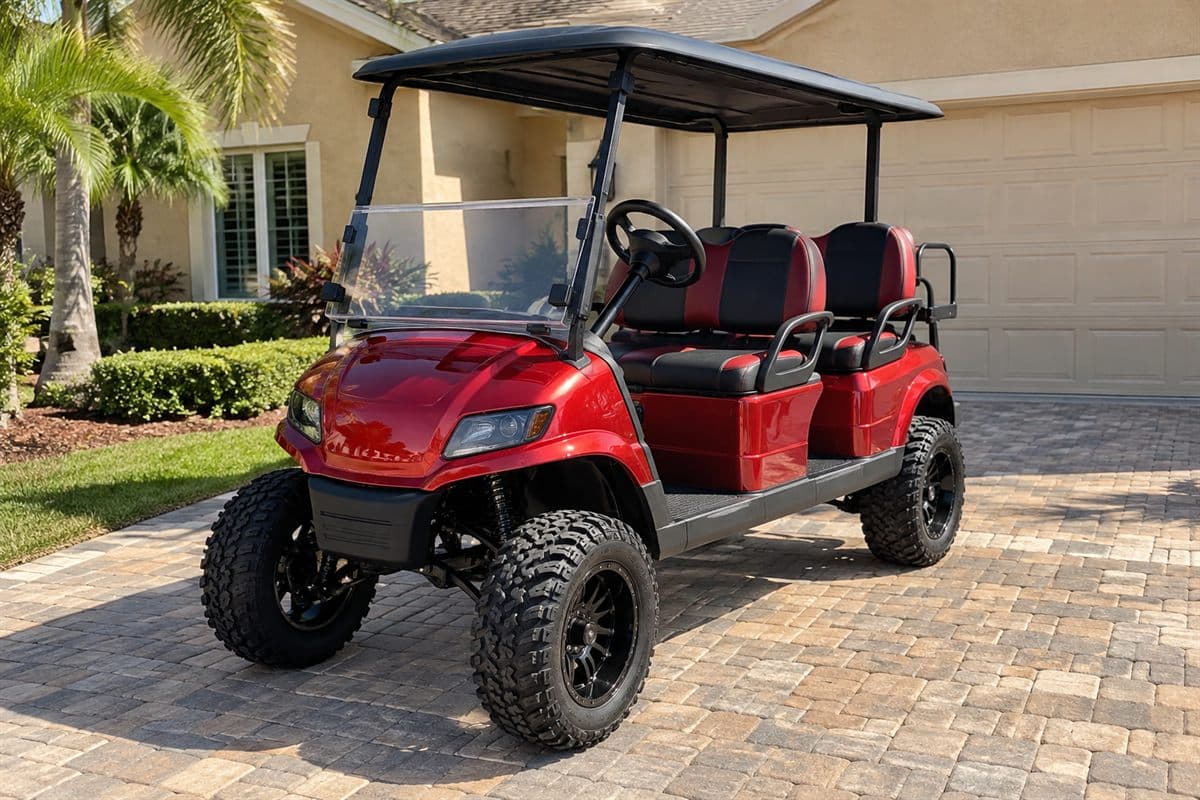 A red lifted four-seat cart on a paver driveway. Watermark: Find your next cart