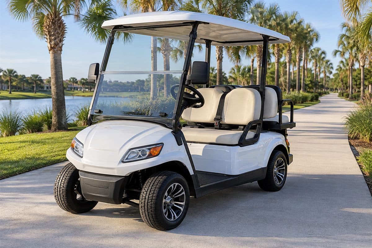 A white four-seat street-legal cart on a path. Watermark: List your cart!