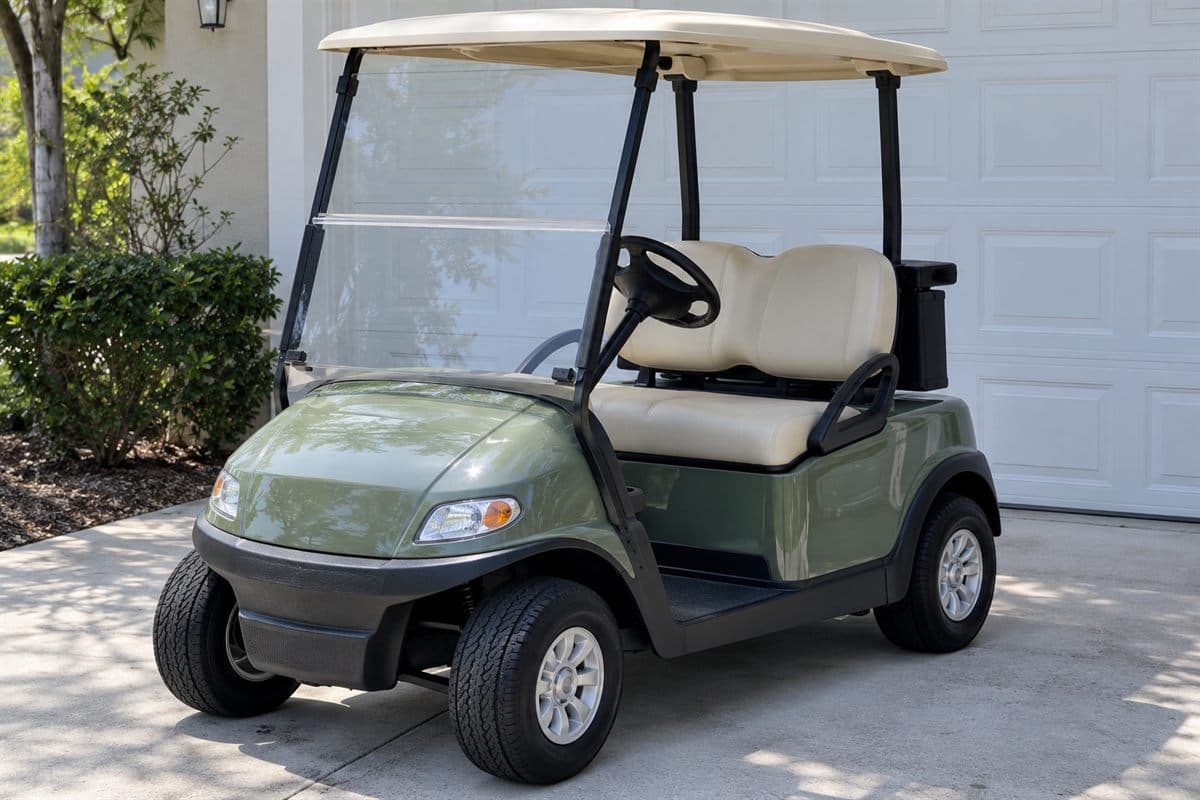 A sage green two-seat cart in front of a garage. Watermark: Your next cart?