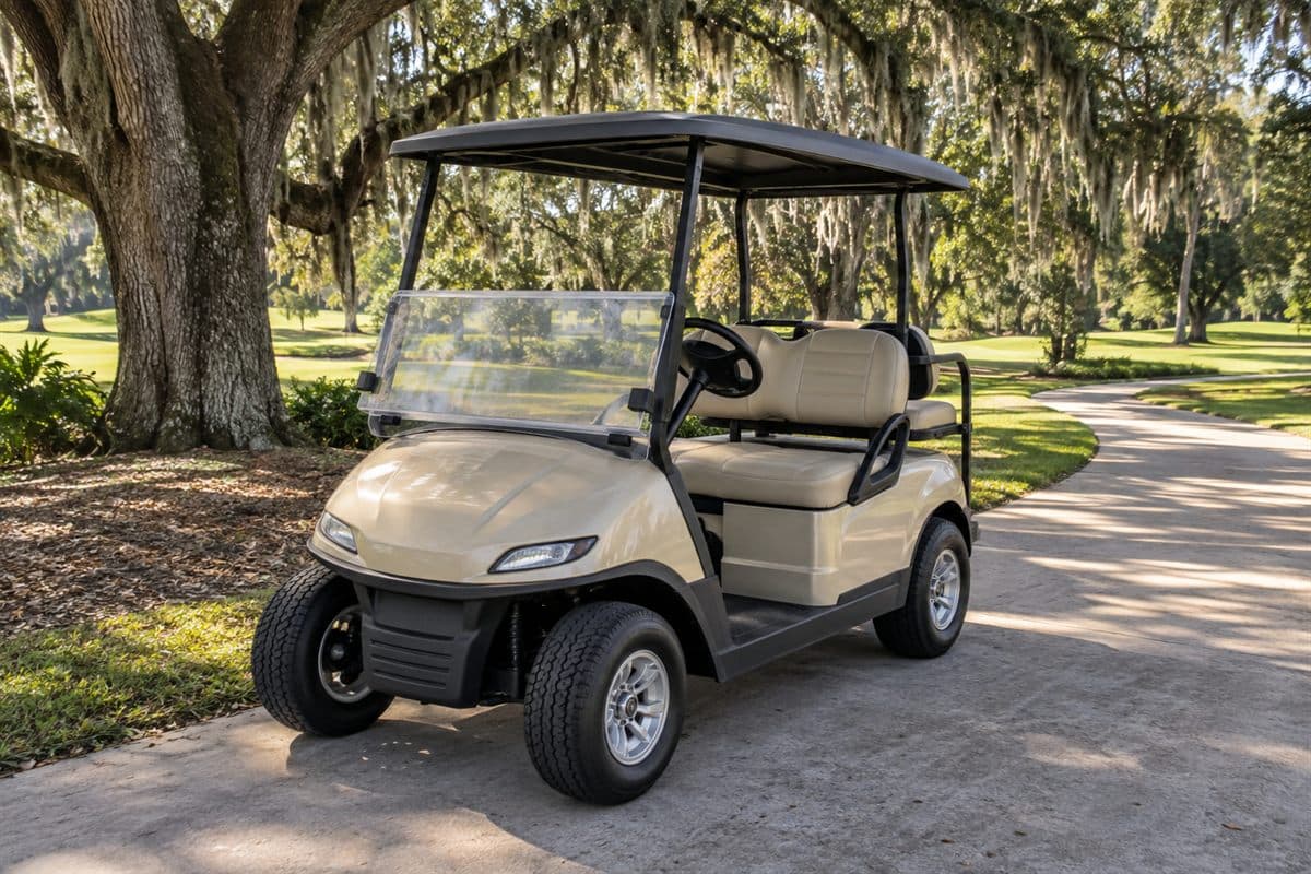 A tan four-seat cart with a rear-facing back seat, under oak trees. Watermark: Coming soon