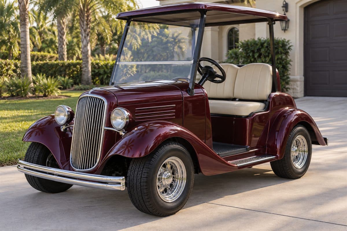 A burgundy two-seat roadster-bodied cart on a driveway. Watermark: Your next cart?