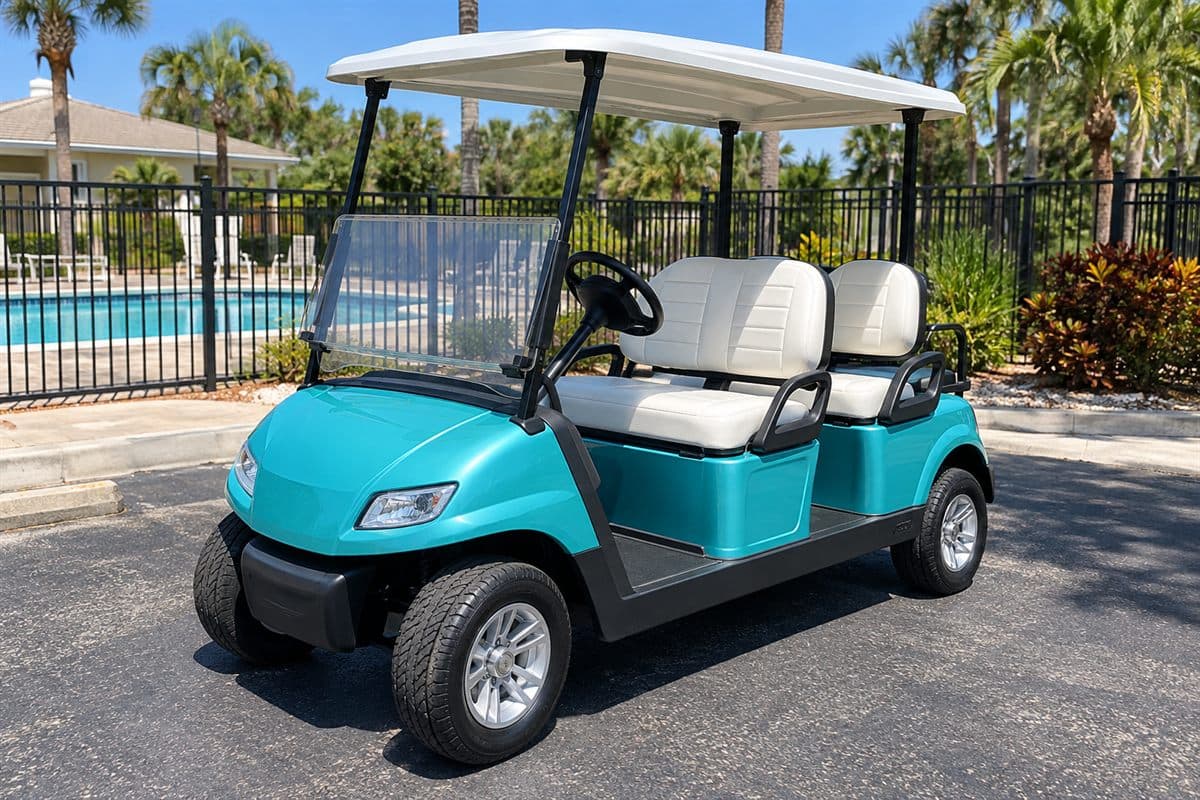 A teal four-seat cart parked by a pool fence. Watermark: Find your next cart